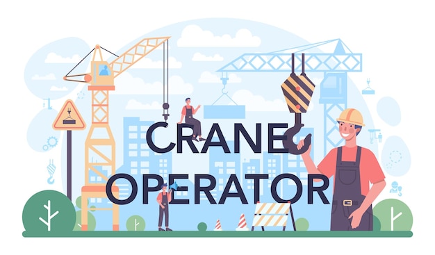 Free vector crane operator typographic header industrial builder at the construction site professional installer constructing home with a lifting crane city development flat vector illustration