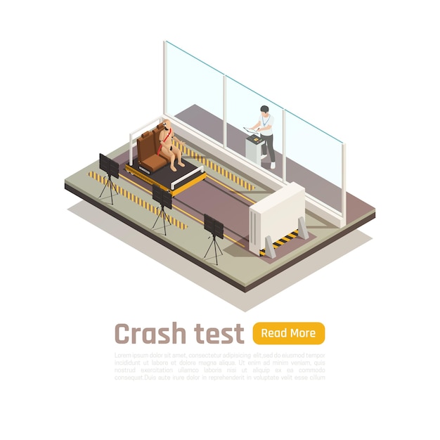 Crash test car safety isometric composition with read more button text and testing room units images