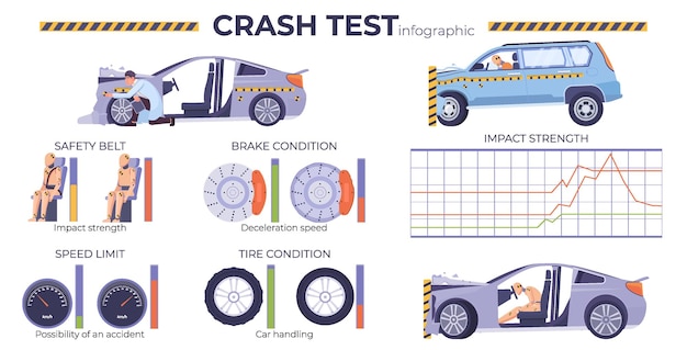 Vettore gratuito crash test limite di velocità della cintura di sicurezza infografica sulle condizioni dei freni e dei pneumatici con manichini e auto distrutte illustrazione vettoriale piatta