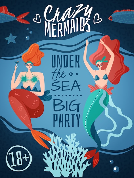 Free vector crazy mermaids 18 plus party announcement poster with 2 red haired sexy sea life creatures