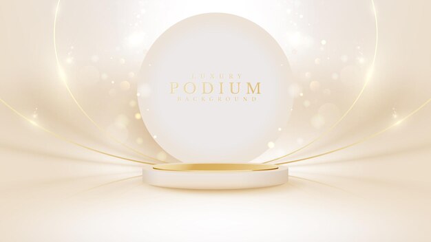 Cream color podium with circle frame elements on back and golden lines with glitter light effect