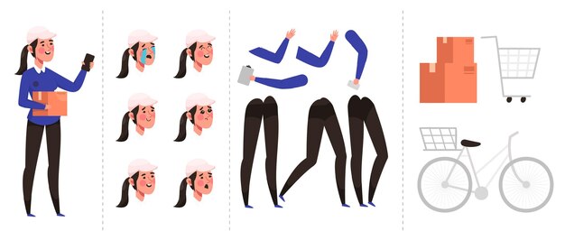 Создание анимационной женщины-доставщика в униформе и оборудовании, набор персонажей с изображением головы и лица в кепке, карты руки и ноги и велосипеда в мультяшном стиле векторной иллюстрации