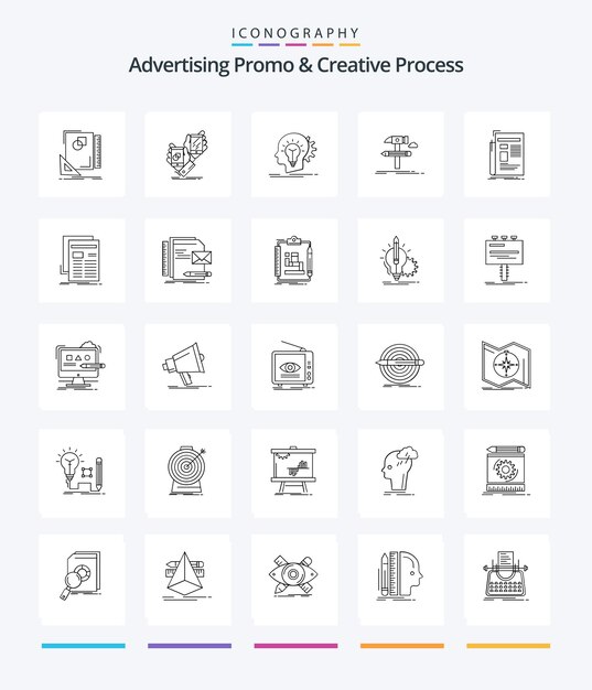 크리에이티브 광고 프로모션 및 크리에이티브 프로세스 25 개요 아이콘 팩(예: 빌드 배치 사고 헤드 개발)