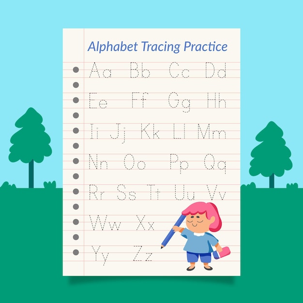 Free vector creative alphabet tracing template with illustrations