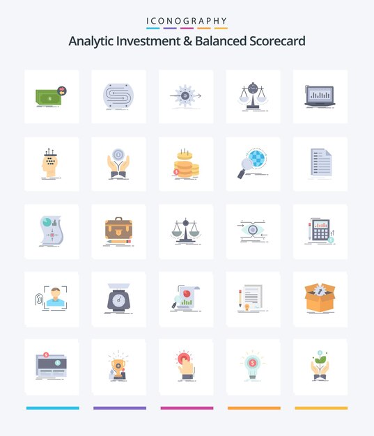 Креативные аналитические инвестиции и сбалансированная система показателей 25 Плоский набор значков, таких как работа с механизмами управления