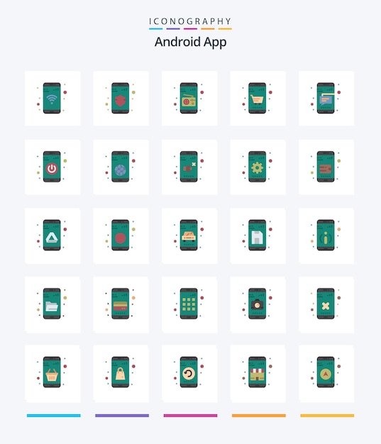 Бесплатное векторное изображение creative android app 25 плоский пакет значков, такой как текстовая мобильная мультимедийная корзина