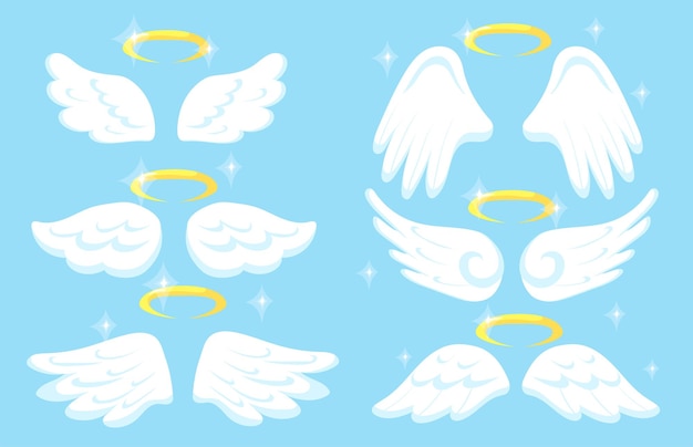 Free vector creative angel wings with gold nimbus flat pictures set