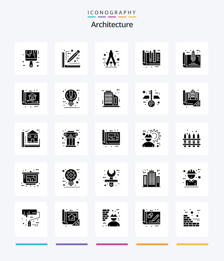 Free Vector creative architecture 25 glyph solid black icon pack such as tools education architect design tool