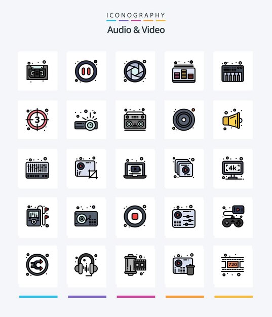 Creative Audio And Video 25 Line Filled icon pack, например, управление музыкой для фортепианной камеры