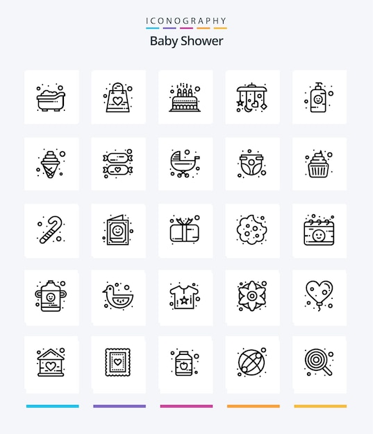 Free vector creative baby shower 25 outline icon pack such as baby lotion mobile bag baby cute