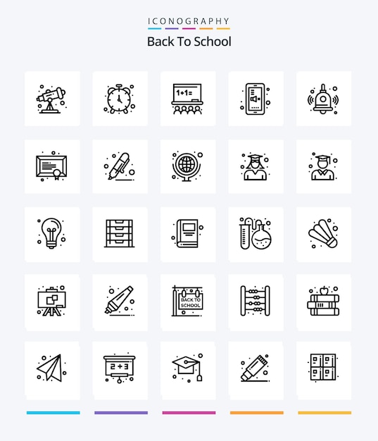 クリエイティブな新学期 25 アウトライン アイコン パック学校アート ボード ミュート教育に戻るベルなど