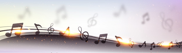  Creative banner design with abstract waves, musical notes and golden lens flare effect. 