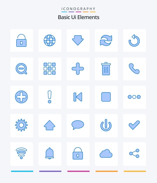 Free vector creative basic ui elements 25 blue icon pack such as delete less down search rotate