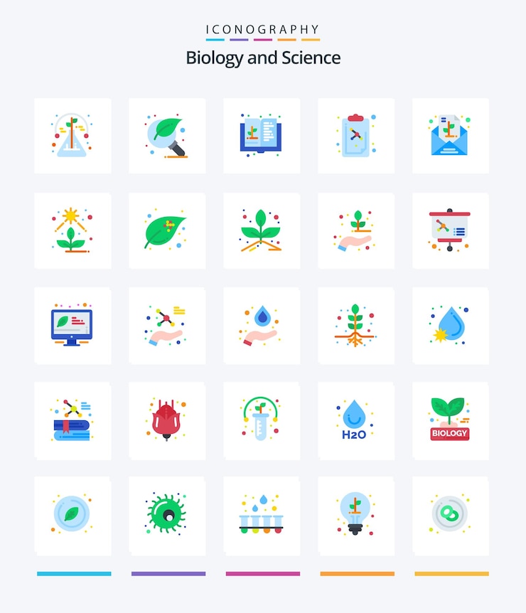 무료 Vector creative biology 25 메시지 분자 검색 교육 성장과 같은 플랫 아이콘 팩