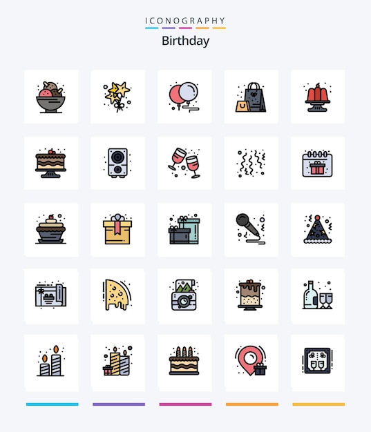 Free vector creative birthday 25 line filled icon pack such as cake surprise balloons present bag