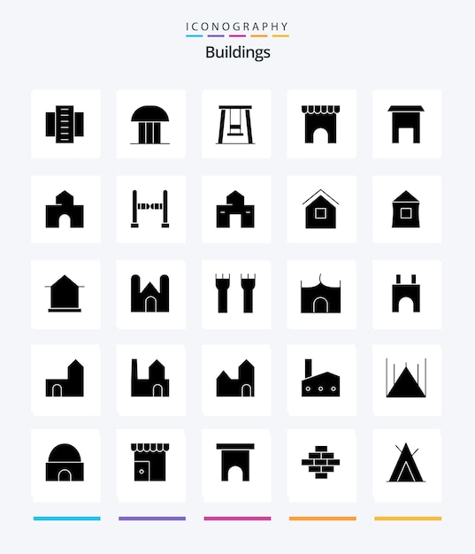 무료 벡터 creative buildings 25 glyph solid black 아이콘 팩(예: 건축 시장 법원 법원 건물 스윙)