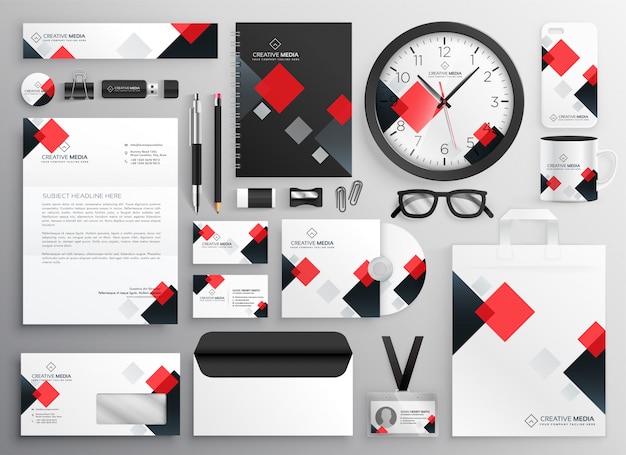 Creative business stationery collateral set in red theme