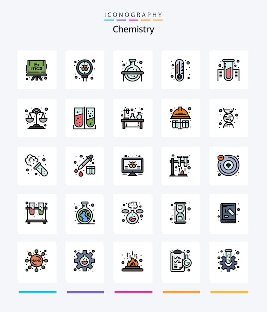 Бесплатное векторное изображение creative chemistry 25 line заполненных значков, таких как газовая экспериментальная колба, химическая степень