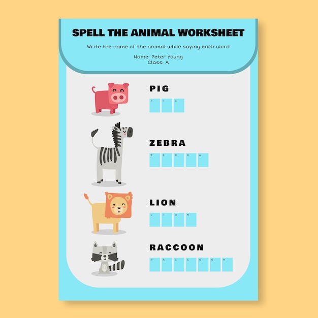 Creative child-like pre-k spelling animal worksheet template