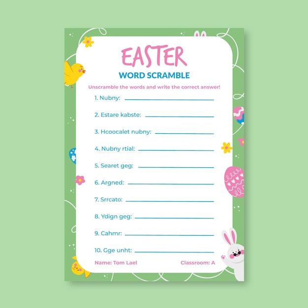 Free vector creative child-like scramble easter worksheet template