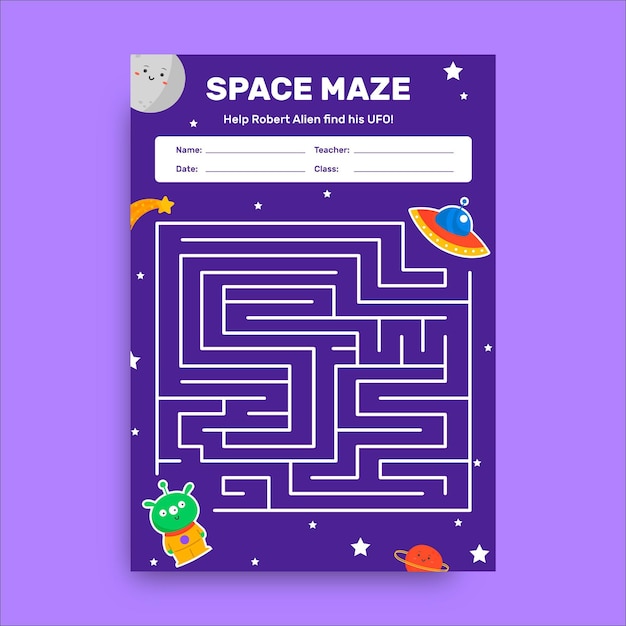 Creative child-like space maze galaxy worksheet