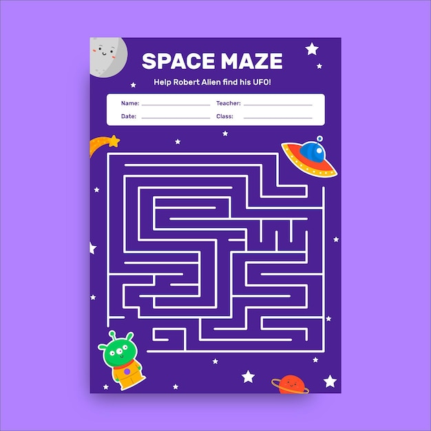 無料ベクター 創造的な子供のような宇宙迷路銀河ワークシート