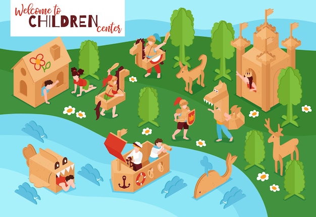 Креативный детский центр игровая площадка картонный замок корабль игрушки кита деревья изометрическая иллюстрация