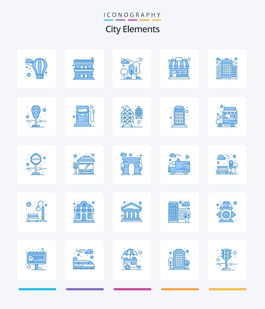 Free vector creative city elements 25 blue icon pack such as city store garden shop market