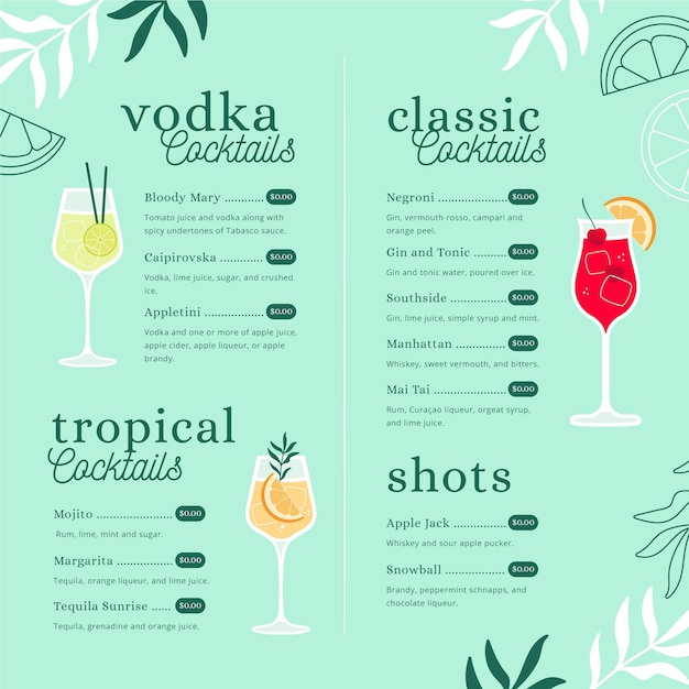 Шаблон креативного коктейльного меню с иллюстрациями