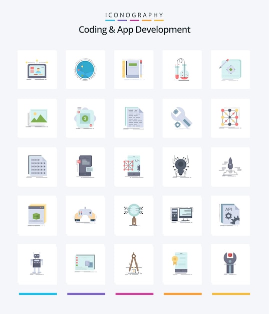 Креативное кодирование и разработка приложений 25 Пакет плоских значков, таких как фляжное тестирование, блокнот для рисования в Интернете