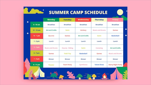 Creative colorful summer camp schedule