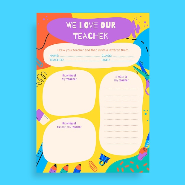 Free vector creative colorful we love our teacher worksheet