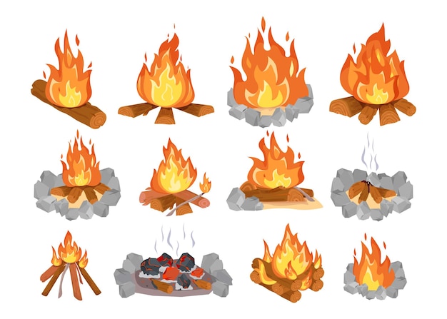 Creative colorful wood campfire flat illustration set
