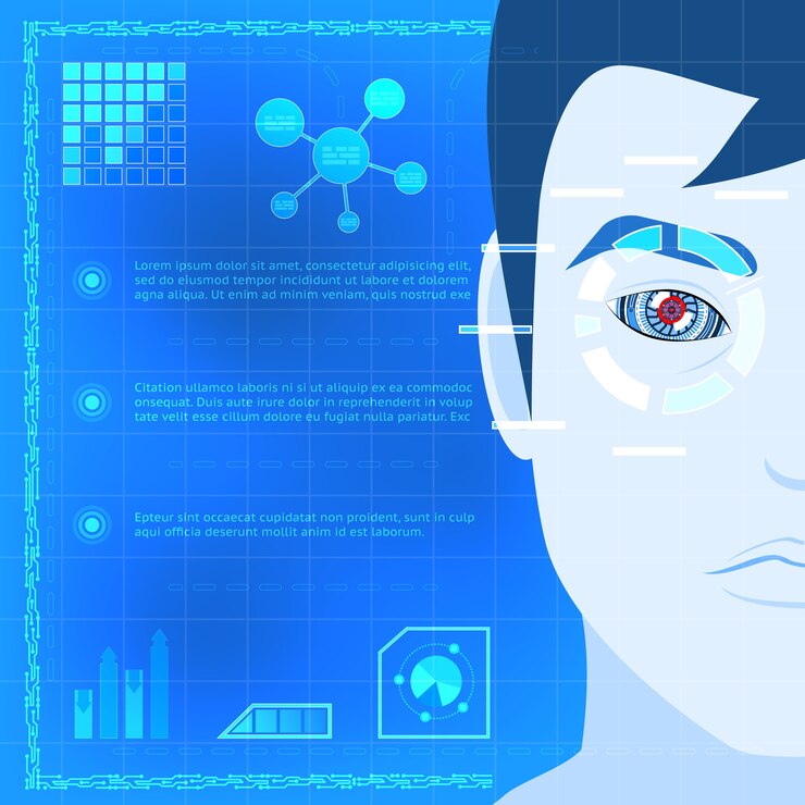 Free Vector creative concept of eye biometrics scanner technology infographic design with a cartooned guy scanning his eye for access on blue background.
