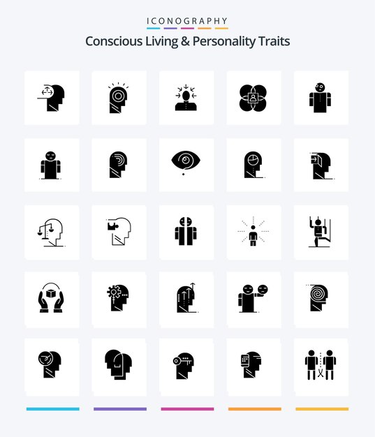 Creative Concious Living And Personality Traits 25 Glyph Solid Black icon pack Such As person human choice features person