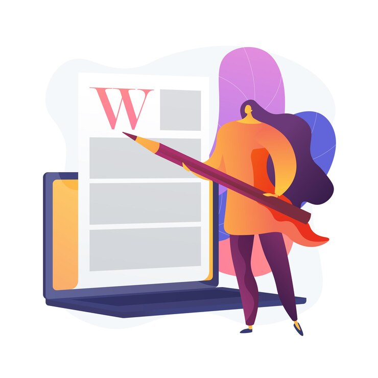 Free Vector creative content writing. copywriting, blogging, internet marketing. article text editing and publishing. online documents. writer, editor character. 