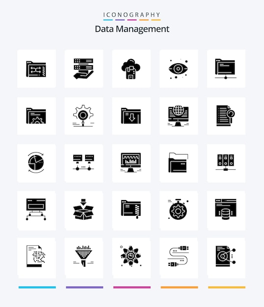 Creative data management 25 glyph solid black icon pack come eye server hand sd cloud