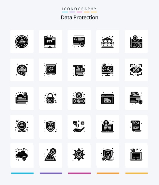 Пакет значков creative data protection 25 glyph solid black, такой как местоположение значка безопасности gdpr