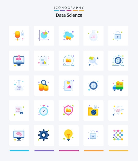 Creative data science 25 flat icon pack such as binary code experiment pie chart education big data