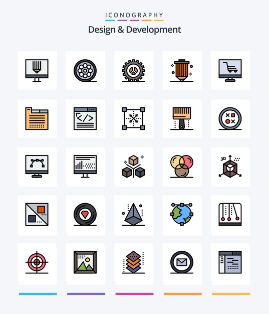 Free vector creative design development 25 line filled icon pack such as pencil design web coding web design