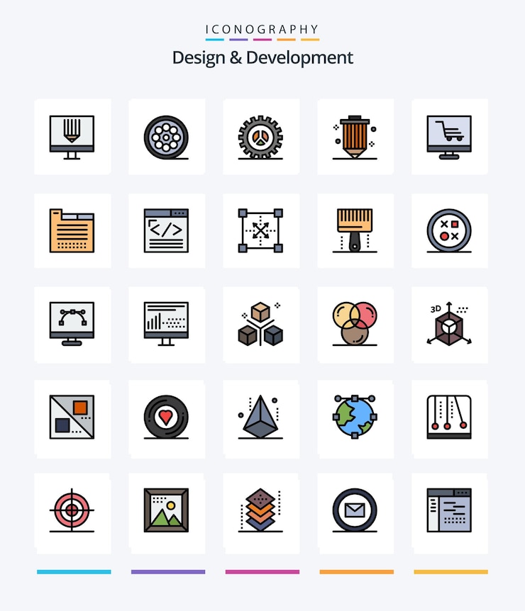 Free Vector creative design development 25 line filled icon pack such as pencil design web coding web design