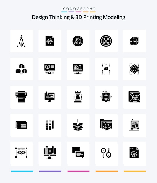 Vettore gratuito creative design thinking and d printing modeling 25 glyph solid black icon pack come il filamento di stampa in scala di una scatola di calcolo