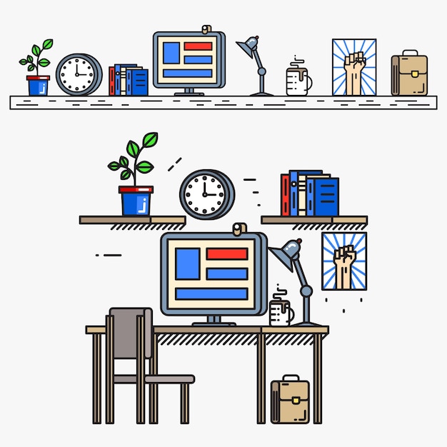 Free vector creative designer workspace in thin line flat style. business workplace, work and desk, desktop and table, monitor screen and book,