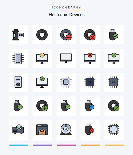 Free vector creative devices 25 line filled icon pack such as gadget computers hardware board hardware