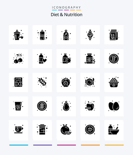 Free vector creative diet and nutrition 25 glyph solid black icon pack such as healthy food fitness diet watch