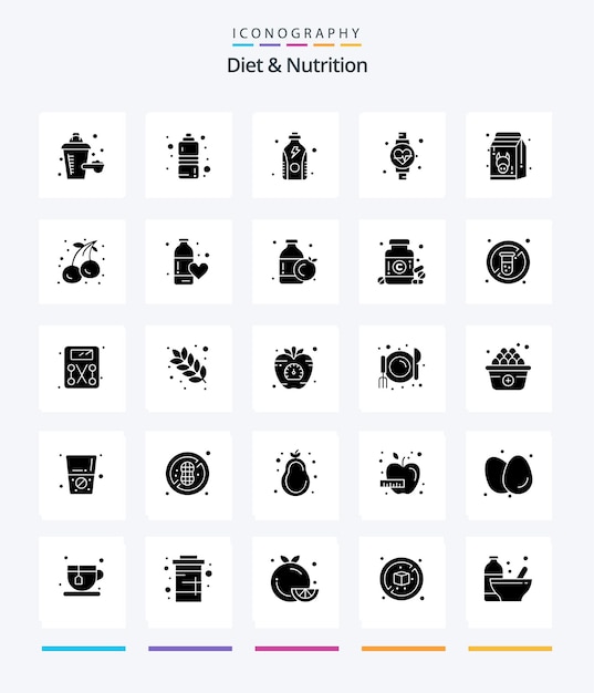 Creative Diet And Nutrition 25 Glyph Solid Black icon pack Such As healthy food fitness diet watch