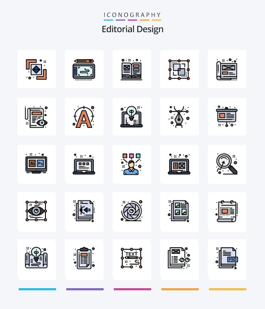 Creative editorial design 25 line filled icon pack come l'arte del punto creativo interseca la divisione