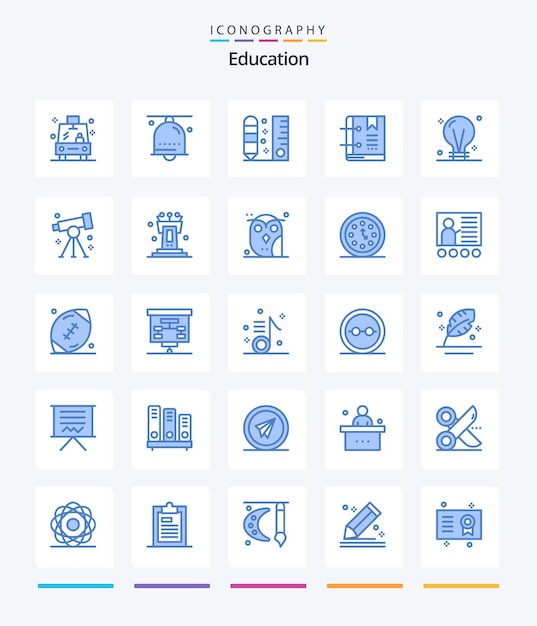 Vettore gratuito creative education 25 pacchetto di icone blu come il righello del libro dell'anello del segnalibro dell'indicatore