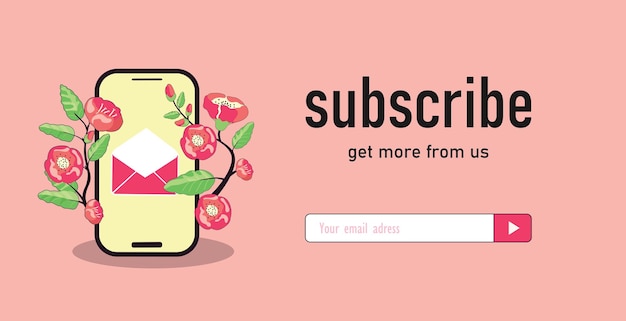 電話でバラの花とクリエイティブなメールサブスクリプションテンプレート。