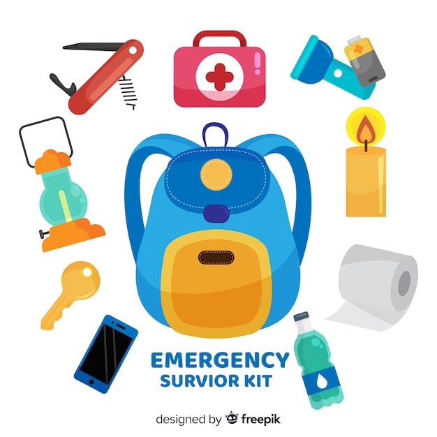 Creative emergency survival kit in flat style